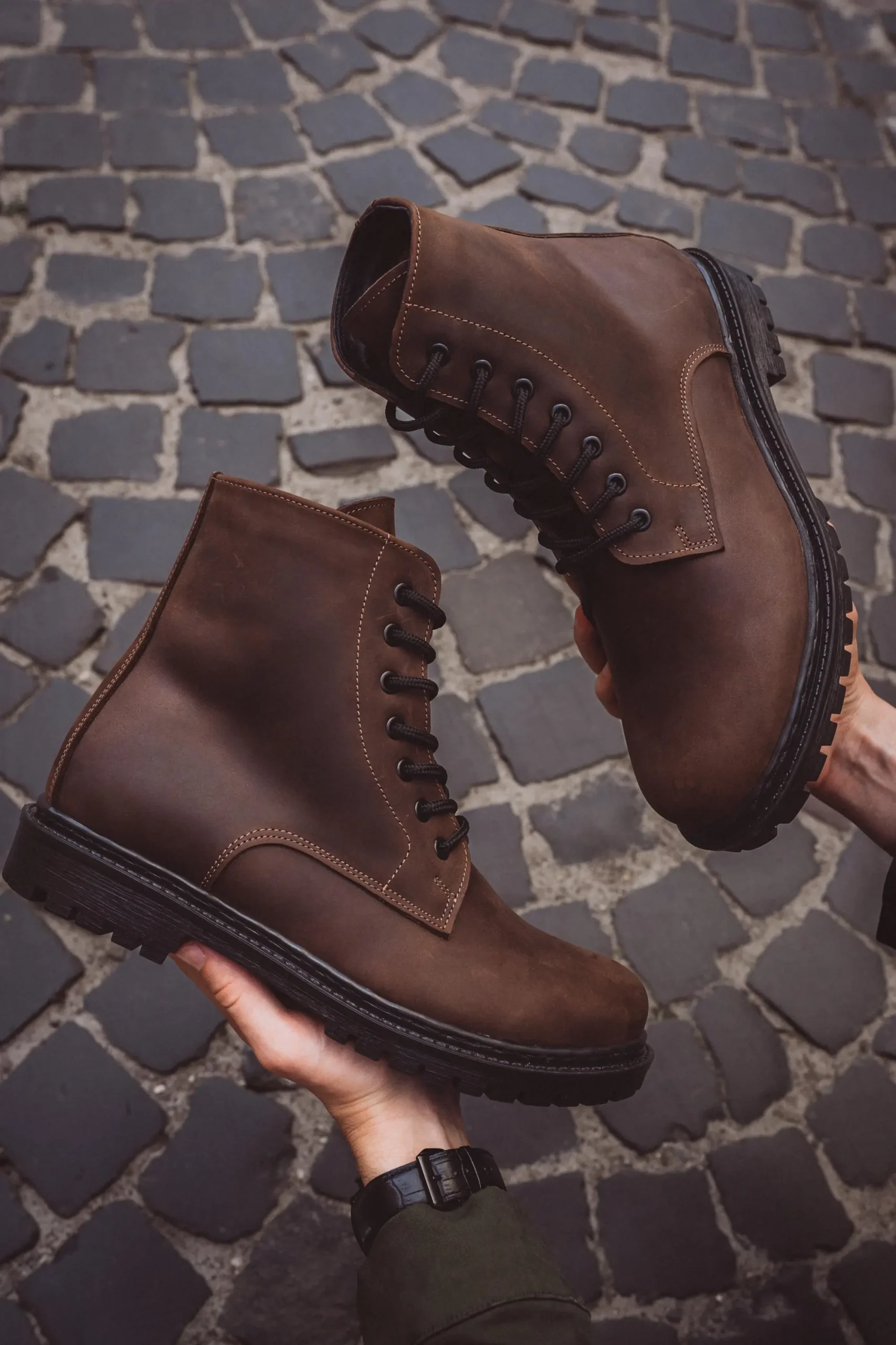 Mens Brown Leather Work Boots Fur Lined Combat