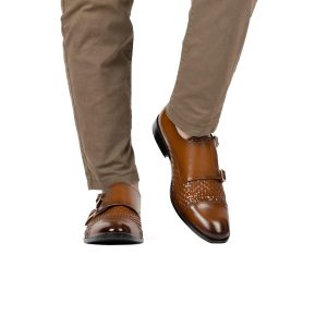 Men's Brown Leather Double Monk Strap Dress Shoes