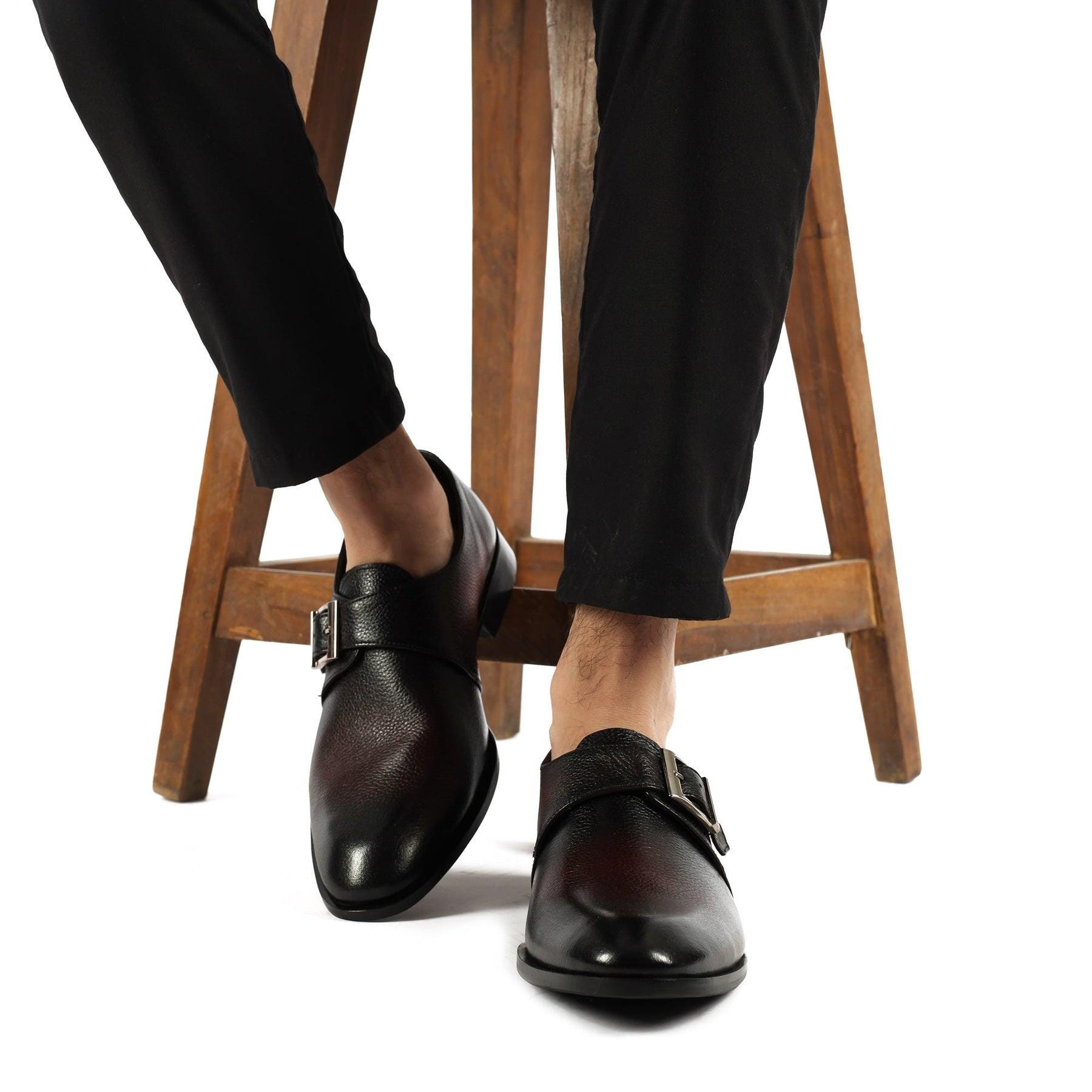 Men's Twotone Black & Burgundy Leather Monk Strap