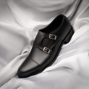 Men's Black Double Monk Strap Shoes Captoe Leather