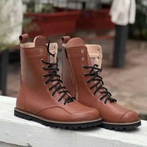 Handmade Red Leather Boots Women Anatomical Lace Up