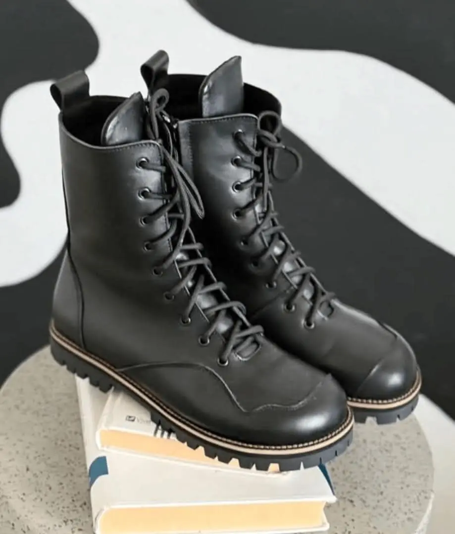 Winter Black Leather Boots Women Handmade Anatomical Lace